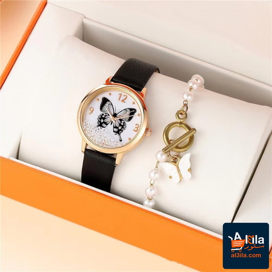 Women's Fashion Numbers Rhinestone Butterfly Quartz Watch with black strap and pearl bracelet set.