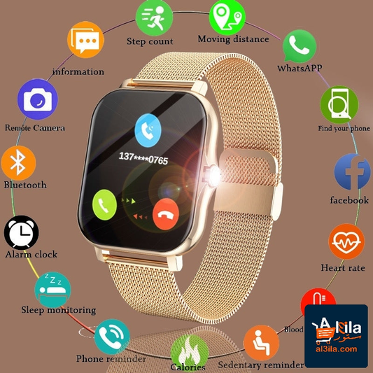 Magnetic Charging Smartwatch in gold steel with touchscreen and Bluetooth calling features.
