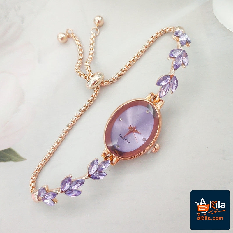 Wheat Diamond Women's Watch with purple gemstones and rose gold chain.
