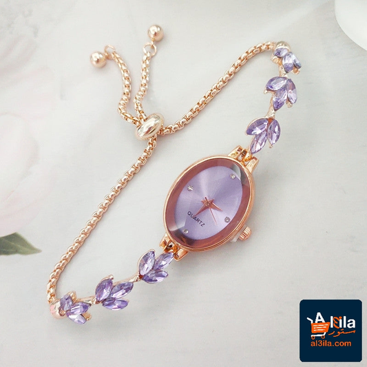 Wheat Diamond Women's Watch with purple gemstones and rose gold chain.