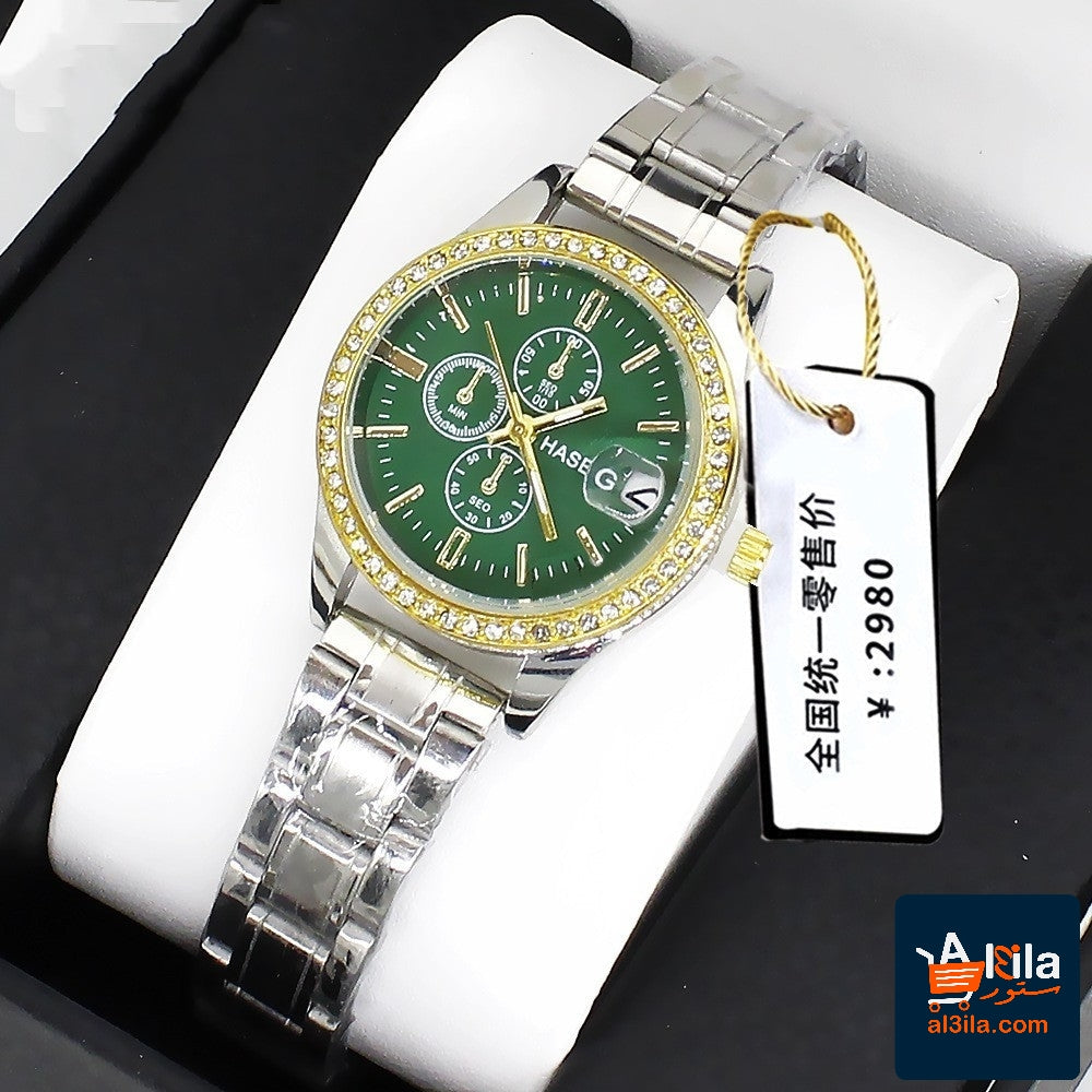Korean style waterproof quartz watch with green dial and stainless steel butterfly clasp bracelet.
