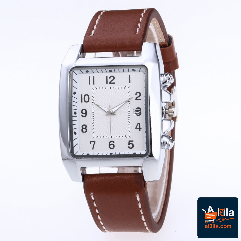 Square fashion men's watch with brown imitation leather strap and white face.