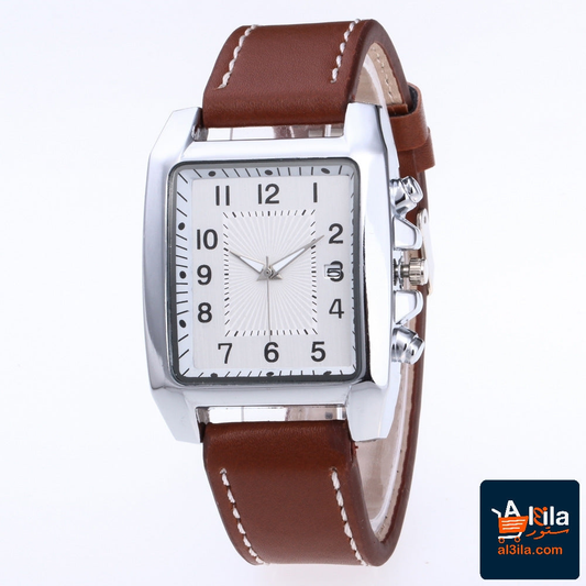 Square fashion men's watch with brown imitation leather strap and white face.
