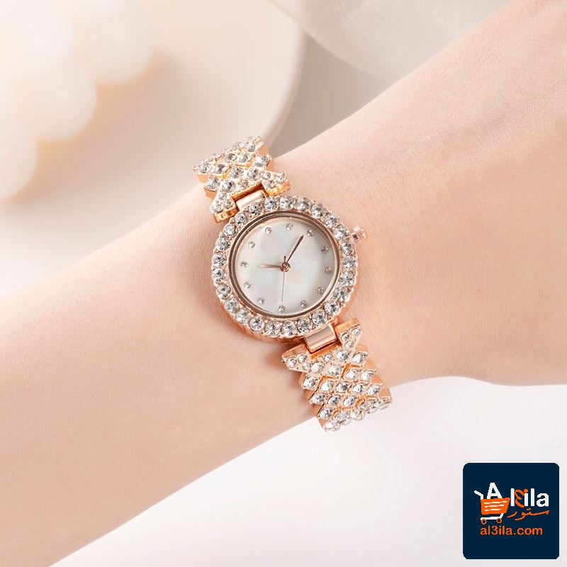 Fashion simple women's quartz watch with diamond-studded alloy in rose gold.