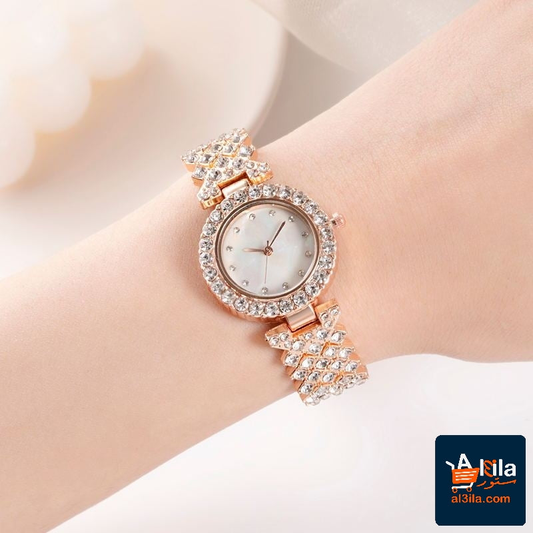 Fashion simple women's quartz watch with diamond-studded alloy in rose gold.