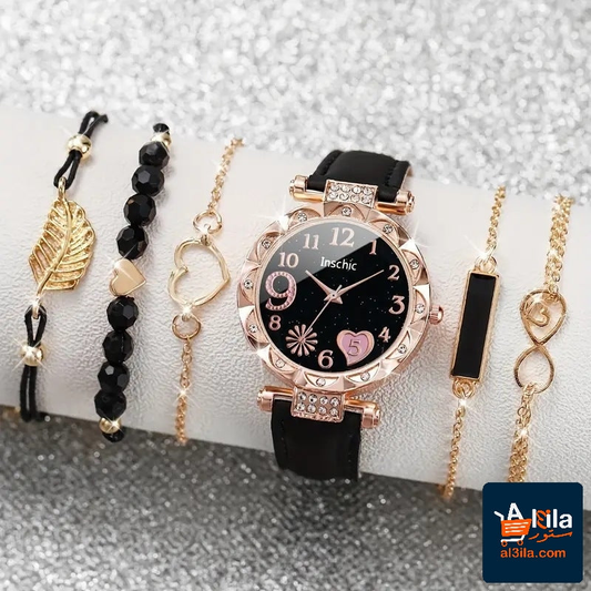 Women's quartz watch and beaded bracelet set with diamond dial belt on gray background.