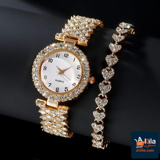 Luxury women's quartz watch and bracelet set with silver strap and crystal detailing.