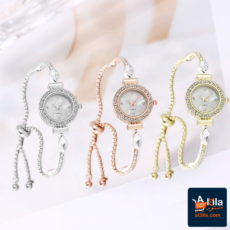 Diamond Dial Decorative Pull-out Bracelet Watch in rose gold, gold, and silver with round quartz movement and alloy strap.