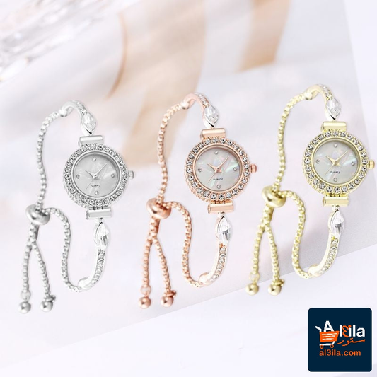 Diamond Dial Decorative Pull-out Bracelet Watch in rose gold, gold, and silver with round quartz movement and alloy strap.