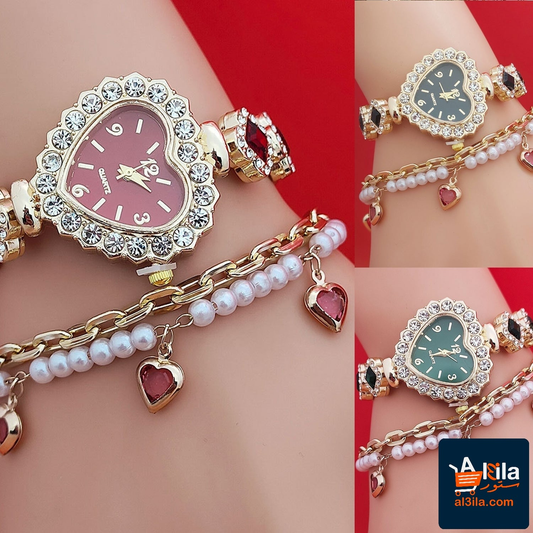 Fashion Love Shape bracelet watch set with heart-shaped dial and diamond accents for women.