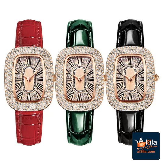 Women's casual quartz wrist watch with oval dial and imitation leather strap in red, green, and black.