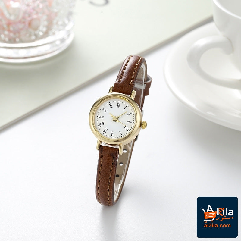 Women's simple and compact alloy belt watch with brown PU strap and round dial.