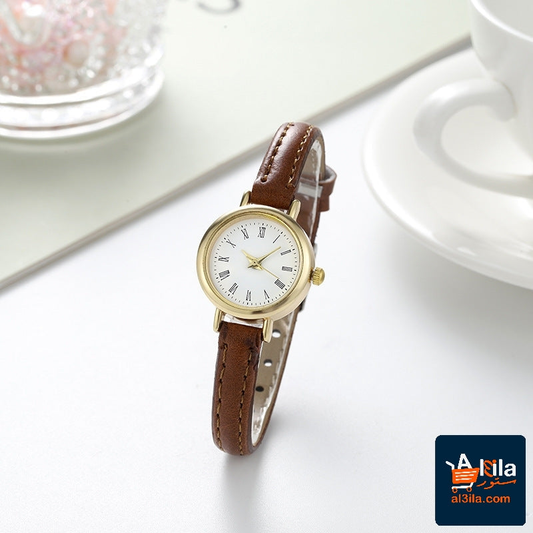 Women's simple and compact alloy belt watch with brown PU strap and round dial.