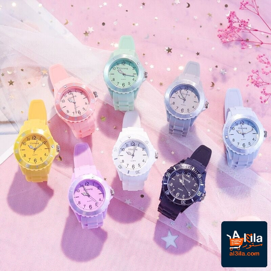 Colorful jelly watches for students in various shades: white, gray, black, yellow, light purple, light green, light blue, and pink.