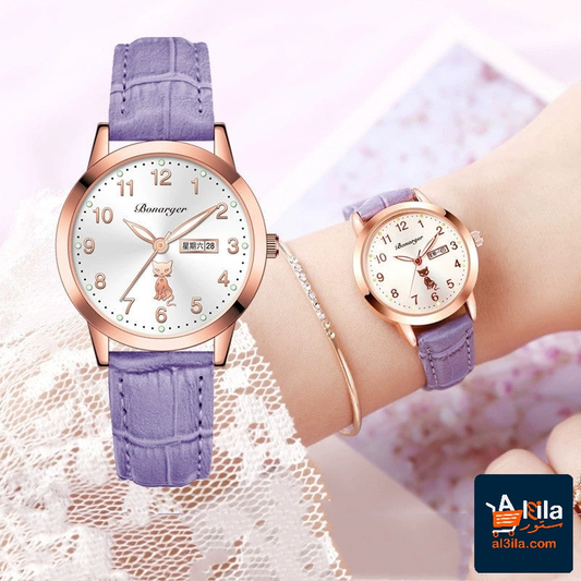 Women's luminous quartz watch with purple waterproof belt.