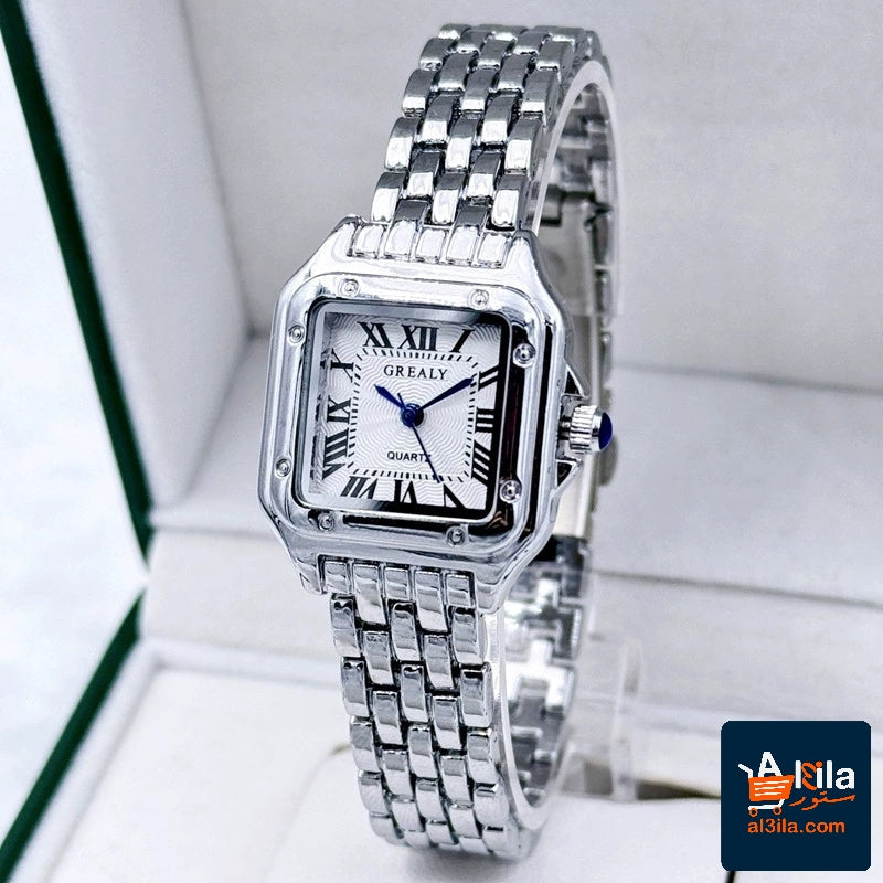 Waterproof women's square silver watch with stainless steel clasp and alloy band.