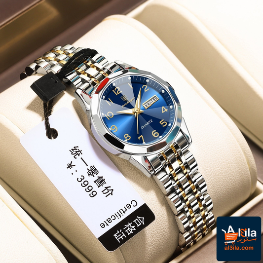 Women's waterproof double calendar watch with gold and blue steel strap, butterfly double button clasp.