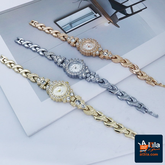 Women's bracelet with quartz watch in silver, gold, and rose gold colors, featuring an alloy strap and jewelry buckle.