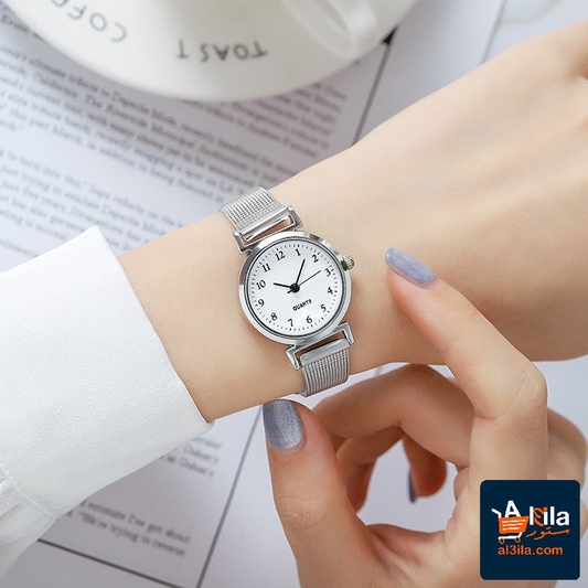 Youth boys and girls quartz examination watch on wrist, Korean style, white face, mesh belt.