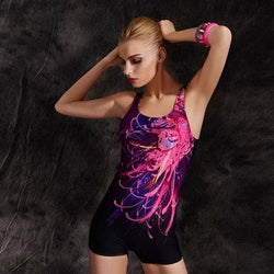 Professional quick-drying one-piece swimsuit for women with vibrant pink and purple design on a black background.