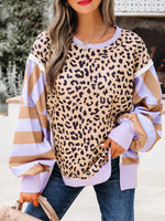 Stripe color block patchwork leopard casual sweatshirt with slits and exposed seams