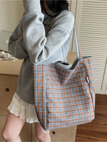 Large plaid pattern tote bag in canvas and polyester with long handles