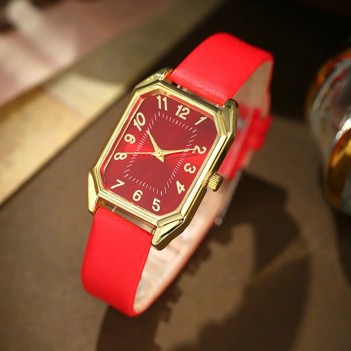 Leather Women’s Watch Square Quartz Watch Korean Necklace Earrings Ring Set