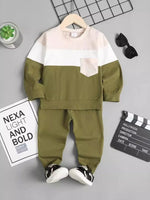 Children's color block two-piece cotton top and pants set with pockets in olive green and beige