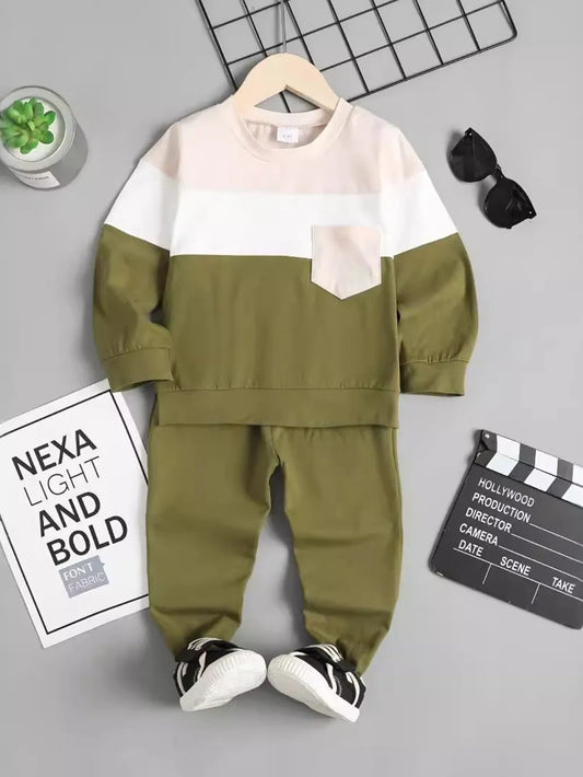 Children's color block two-piece cotton top and pants set with pockets in olive green and beige