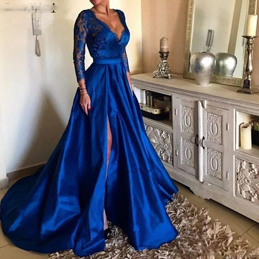 Lace V-neck evening dress in blue with long sleeves and large swing skirt.