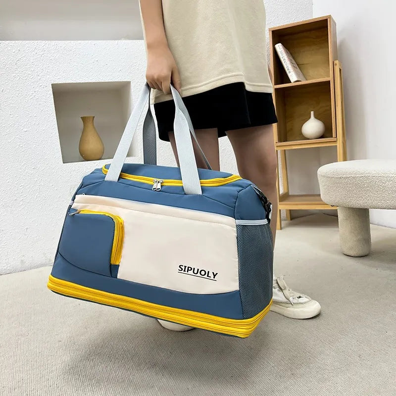 Oversize color block Oxford cloth travel bag with yellow accents and white front pocket