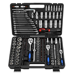 Socket ratchet wrench set made of Cr-v chromium vanadium steel for home and auto repair.