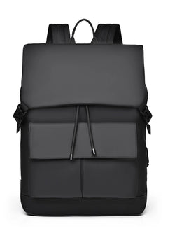 Modern drawstring backpack bag in black PU leather and polyester with large size and front pocket