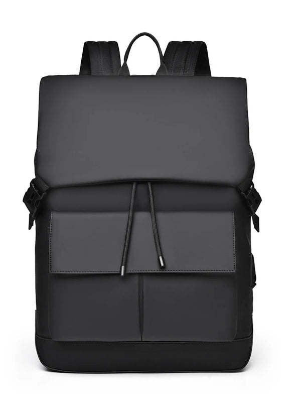 Modern drawstring backpack bag in black PU leather and polyester with large size and front pocket