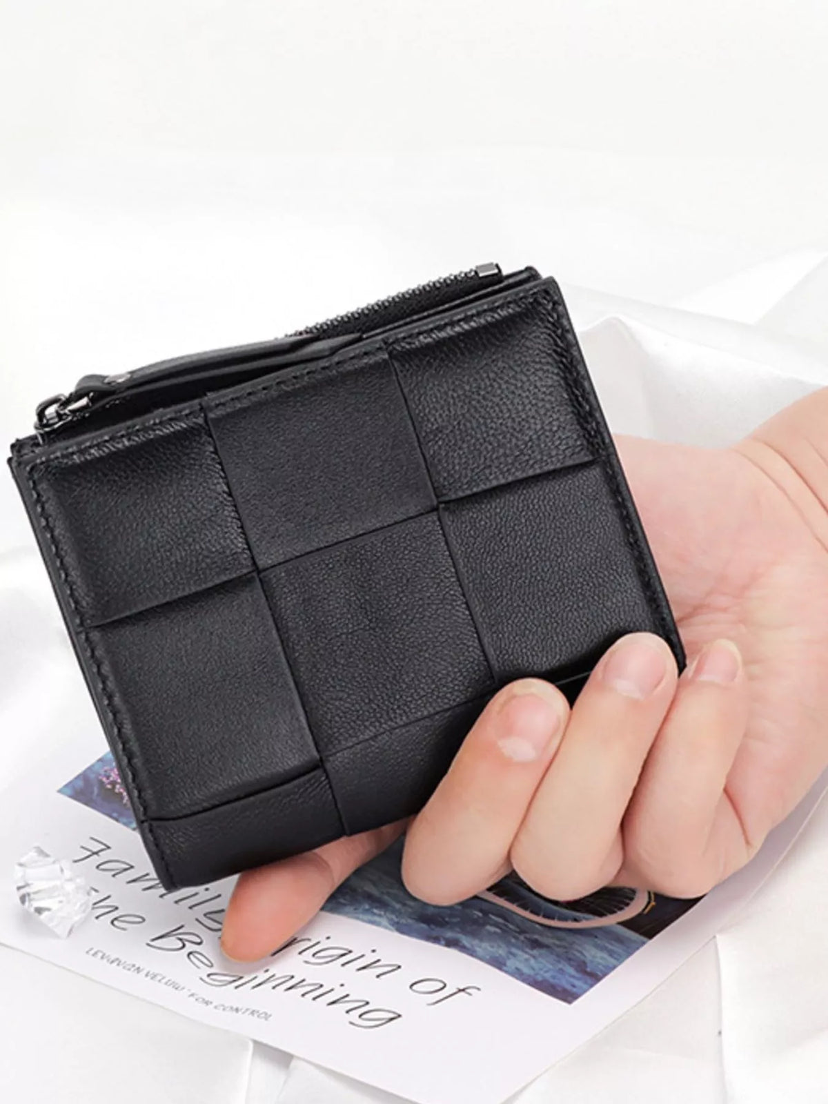 Black woven leather card case made of sheepskin, mini size 3.7x4.5 inches, imported.