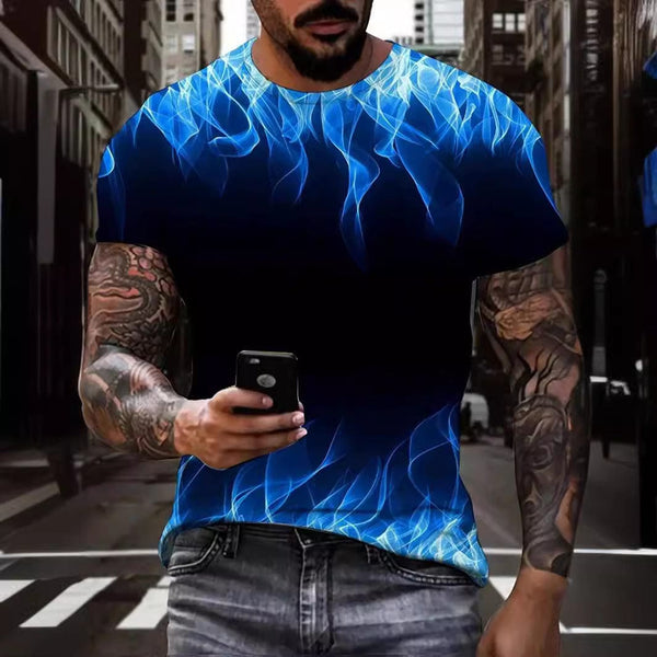 Men's floral pullover fashion T-shirt, blue design, casual style, polyester fabric.