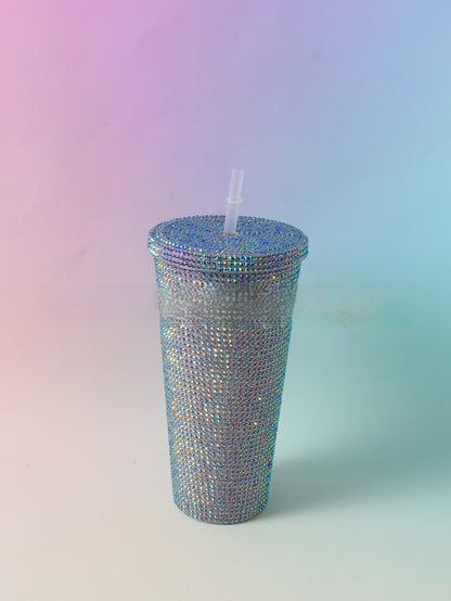 Stick-on Crystals Double-layer Large Capacity Cup With Straw
