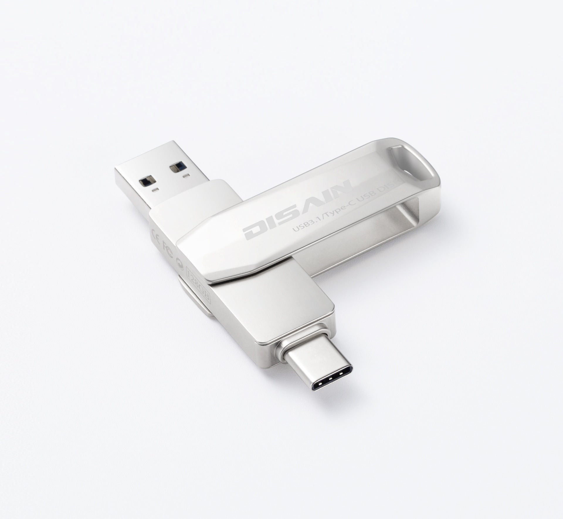 Type-C metal rotating USB drive with pearl nickel finish.