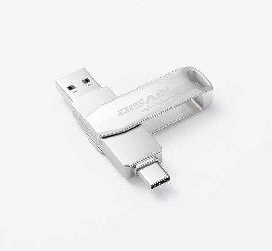 Type-C metal rotating USB drive with pearl nickel finish.