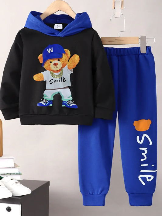 Children's cartoon graphic hoodie and pants set with bear design in black and blue polyester blend