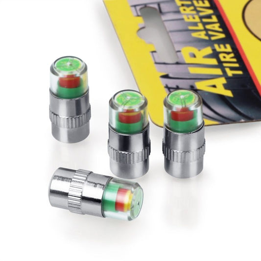 Smart tire pressure caps with color indicators for pressure monitoring.