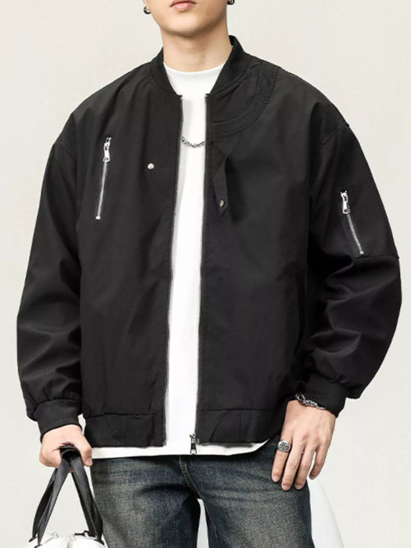 Men's plus size zip up long sleeve black jacket with pockets and zipper closure