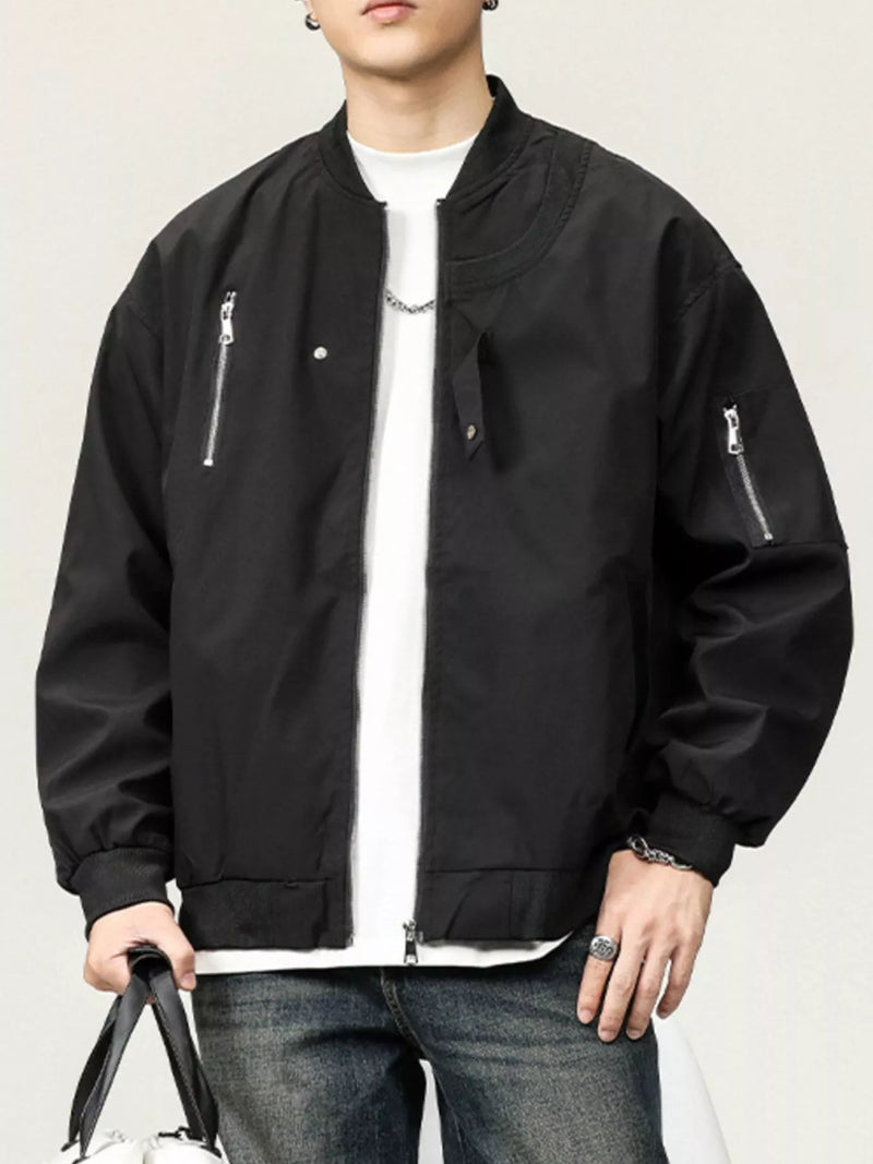 Men's plus size zip up long sleeve black jacket with pockets and zipper closure
