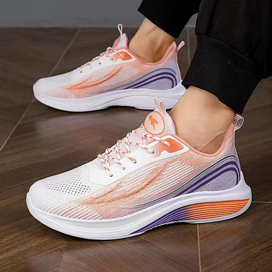Mesh round head lightweight sneakers with soft sole, shown in orange, featuring breathable canvas material and front lace-up design.
