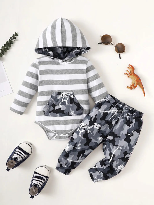 Children's striped hooded bodysuit with camouflage pants set for toddlers