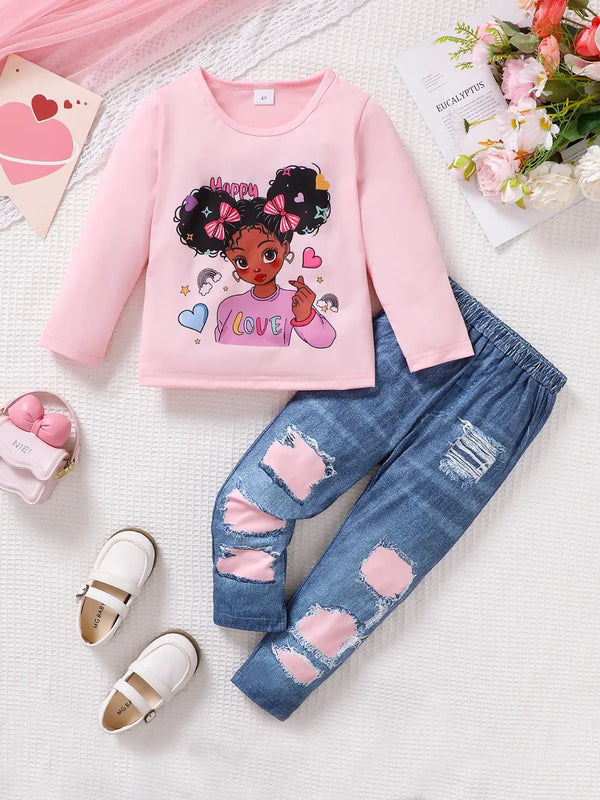 Pink children's cartoon graphic top with fringe and denim patch pants set