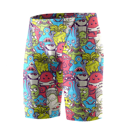 Men's swimming trunks with vibrant monster print, breathable ice silk, quick-dry polyester fabric.