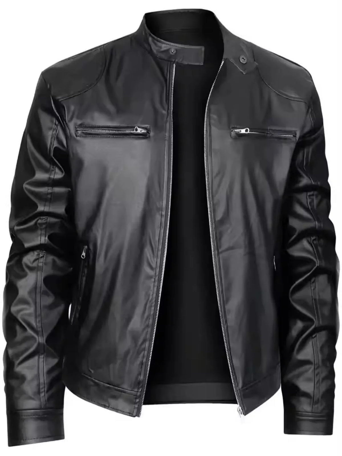 Black men's full size zip up long sleeve PU leather jacket with pockets