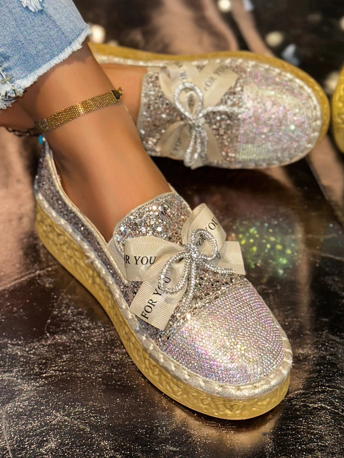Rhinestone Bow round toe slip-on shoes with sequins and low heels, featuring decorative bow and glittery design