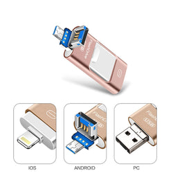 Universal Three-in-one USB Drive for mobile phones and computers in rose gold, showcasing connectors for iOS, Android, and PC.